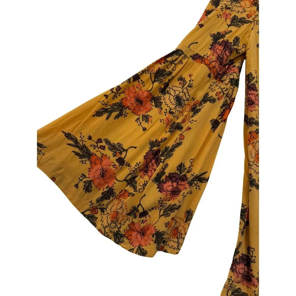 Free‎ People Marigold Yellow Floral Bell Sleeve Henley Tunic Blouse Top Womens M